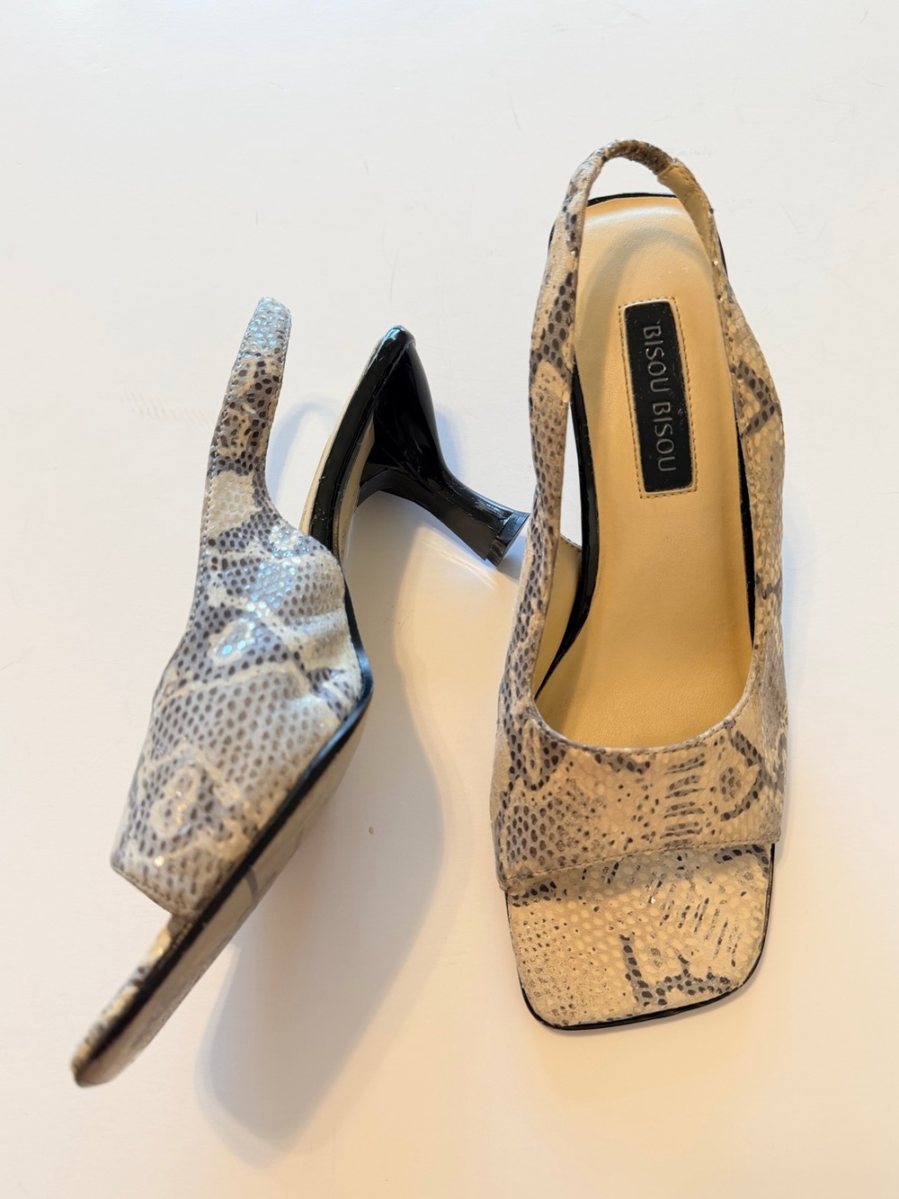 Bisou Bisou Vintage slingback sandals, snake print glossy square toe kitten heel
